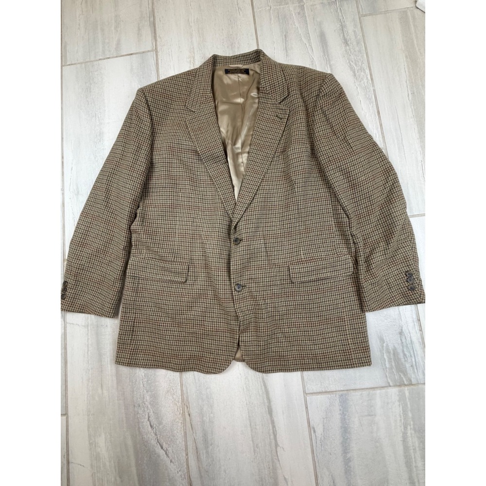 Brooks Brothers Mens 48 LG‎ Houndstooth Wool Sport Coat Blazer Brown Made in USA